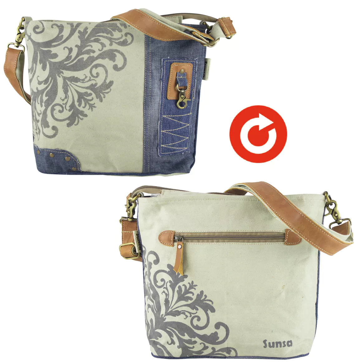 Sunsa Umhängetasche aus recycelten Jeans und Canvas beige/blau
