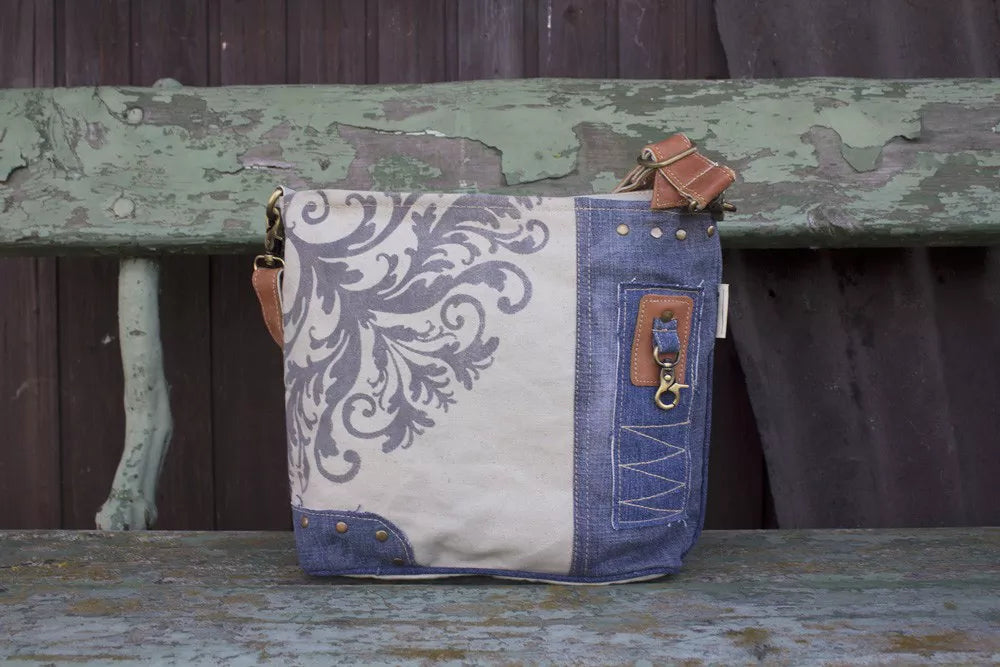 Sunsa Umhängetasche aus recycelten Jeans und Canvas beige/blau