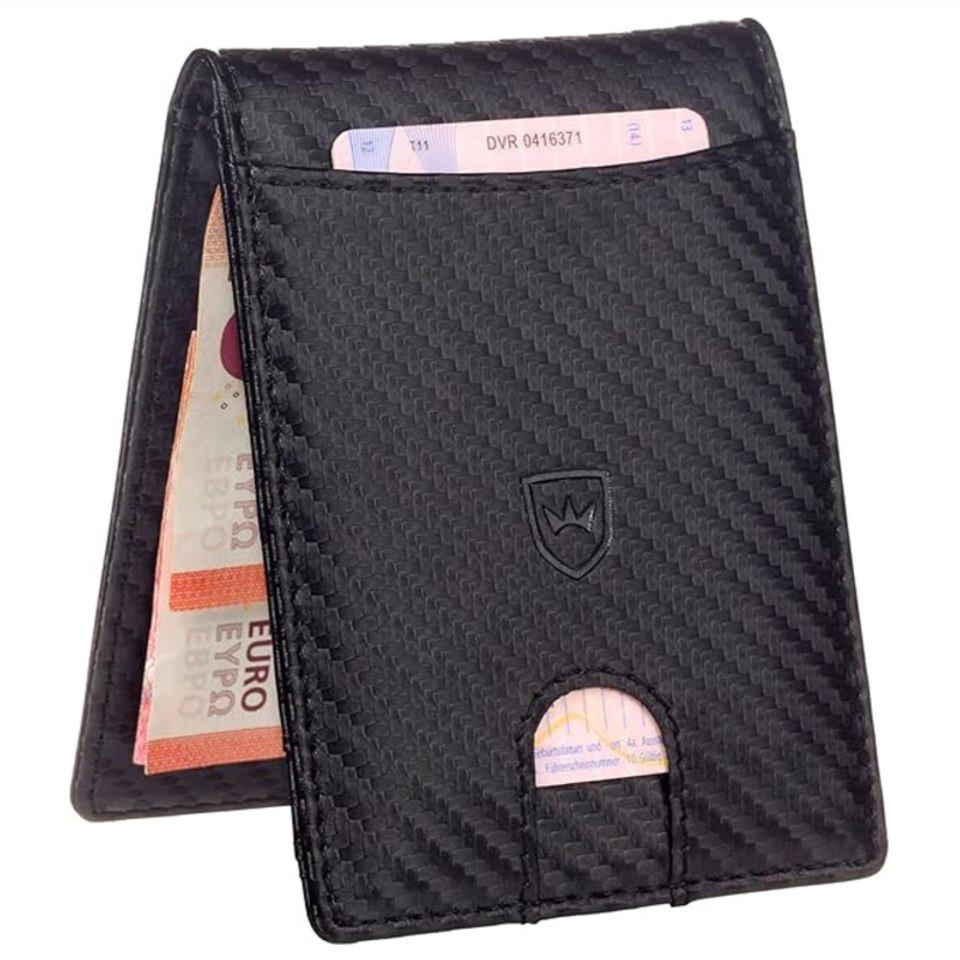 Kronenschein Slim Wallet Carbon RFID Schutz TÜV-geprüft – 6 Kartenfächer & Edelstahl Geldklammer
