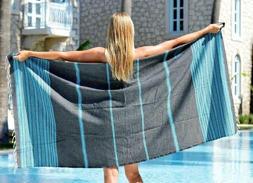 ZusenZomer Fouta Hammam Handtuch BIARRITZ – 100x190 cm – Schwarz mit Türkis