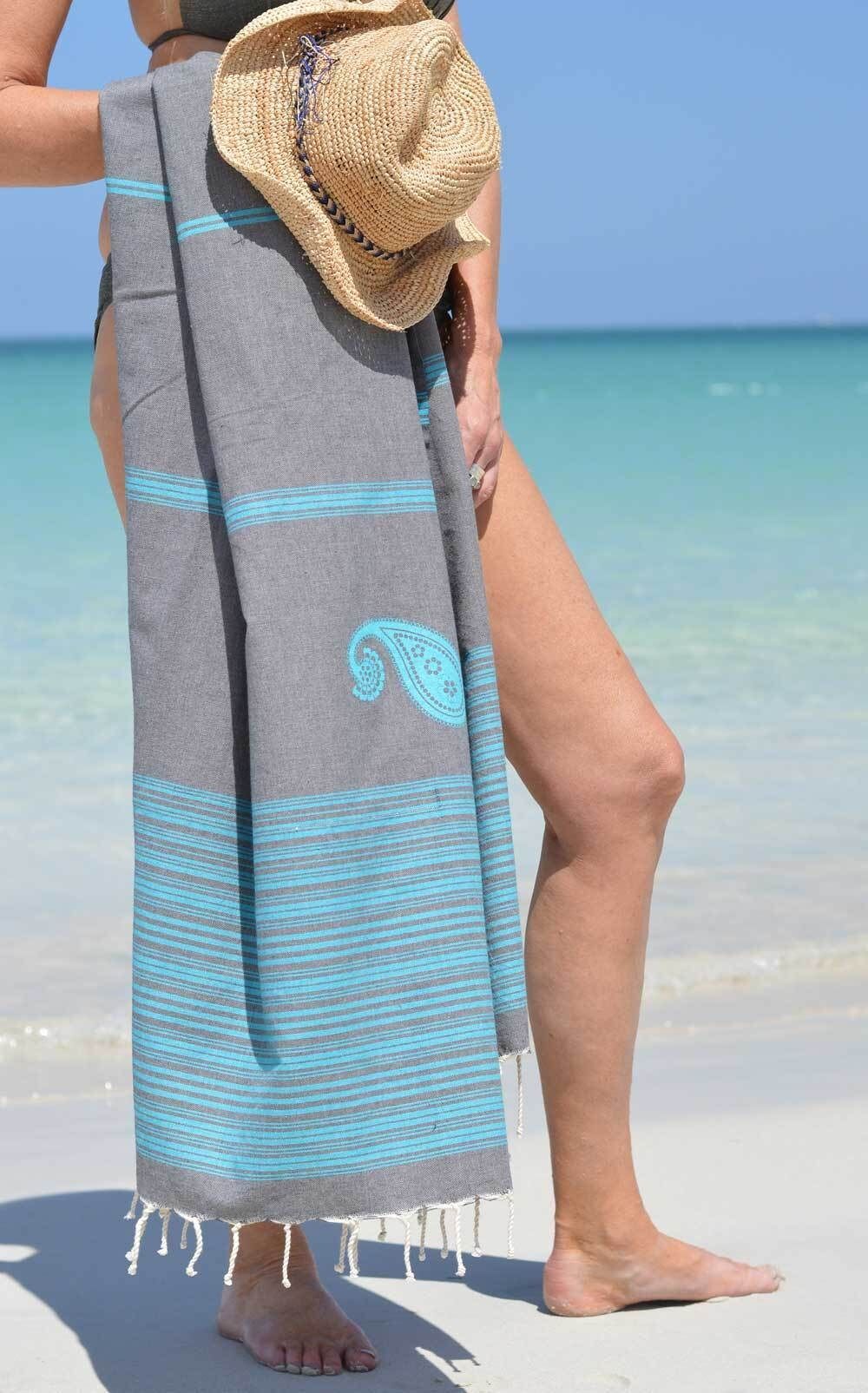 ZusenZomer Fouta Hammam Handtuch BIARRITZ – 100x190 cm – Schwarz mit Türkis