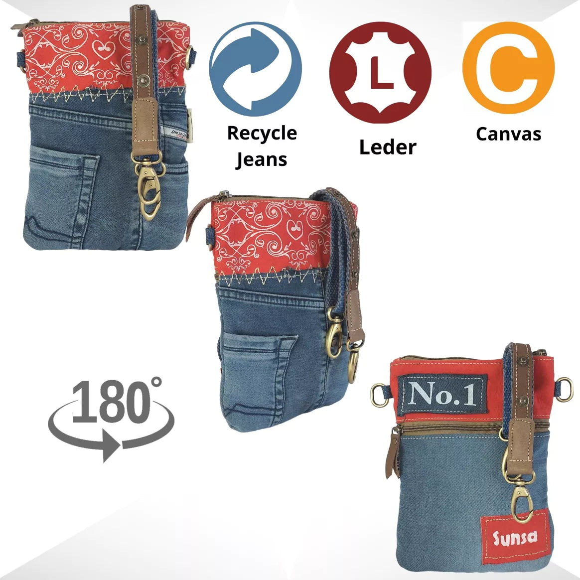Sunsa Umhängetasche aus recycelter Jeans & Canvas rot/blau