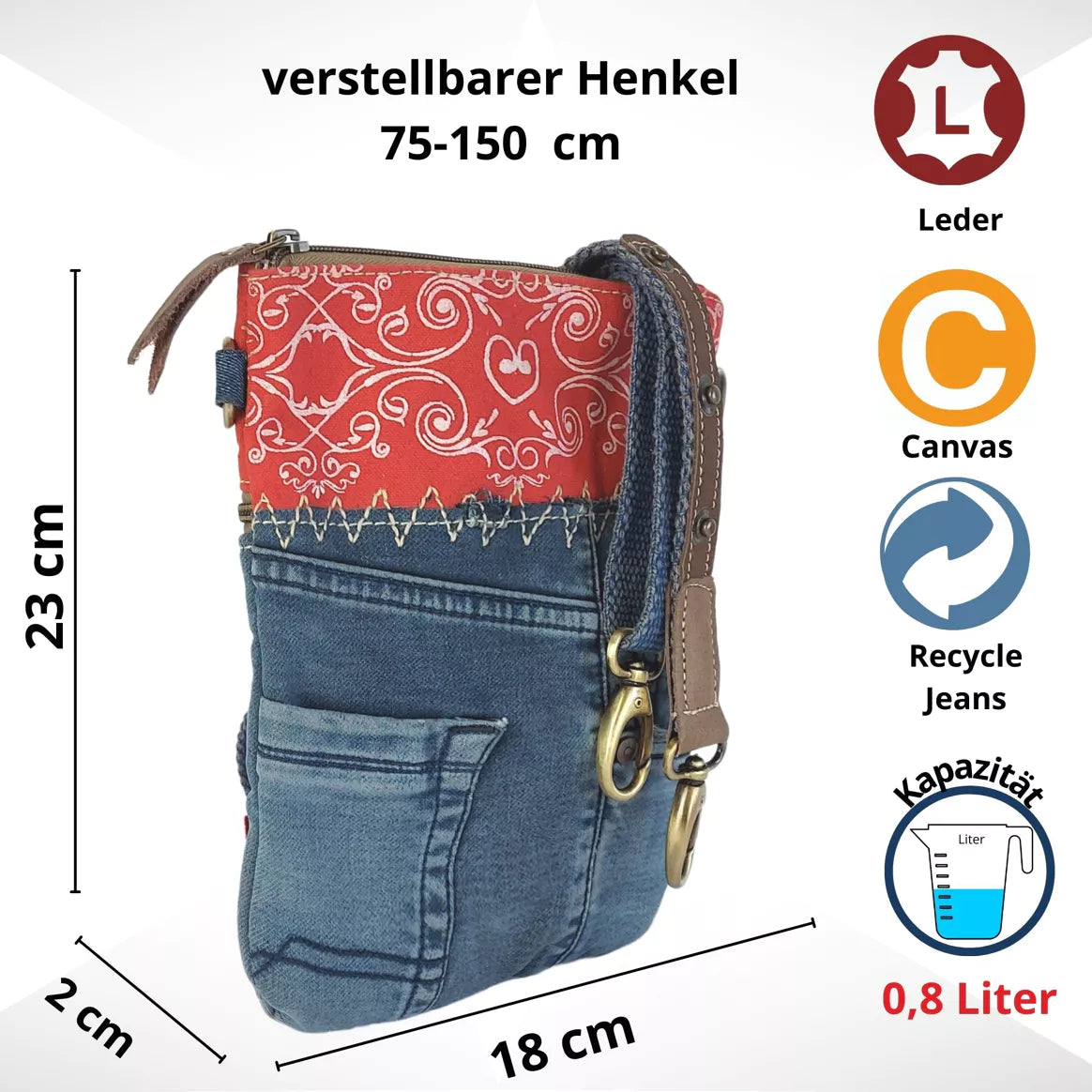 Sunsa Umhängetasche aus recycelter Jeans & Canvas rot/blau
