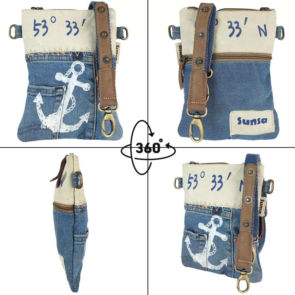 Sunsa Crossbody Tasche im Vintage Retro Stil mit Anker Maritimmotiv