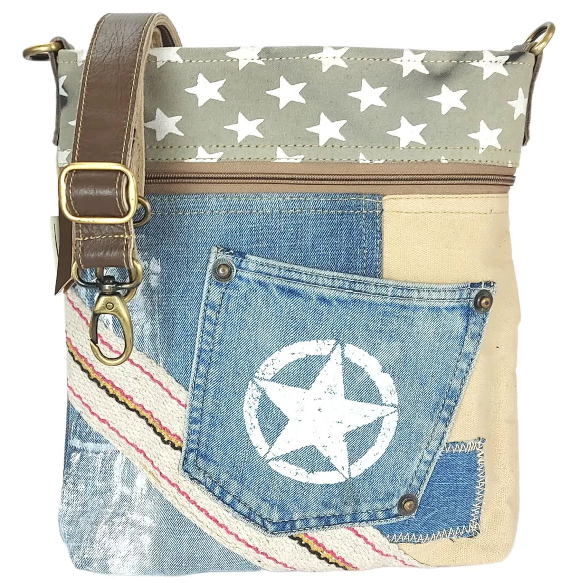 Sunsa Damen Umhängetasche aus recycelten Jeans & Canvas beige/blau