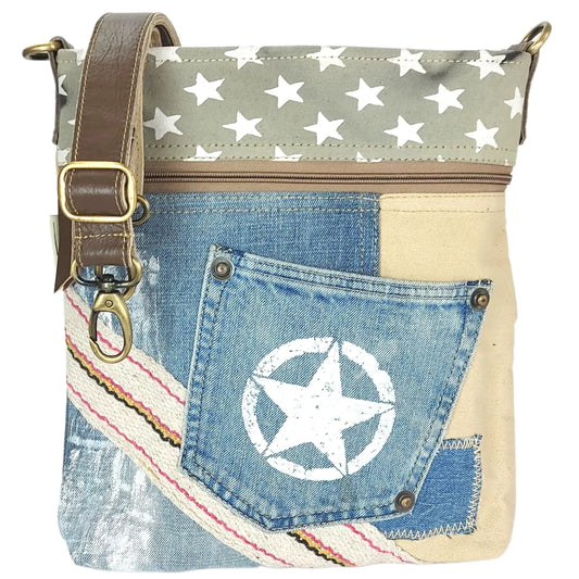 Sunsa Damen Umhängetasche aus recycelten Jeans & Canvas beige/blau