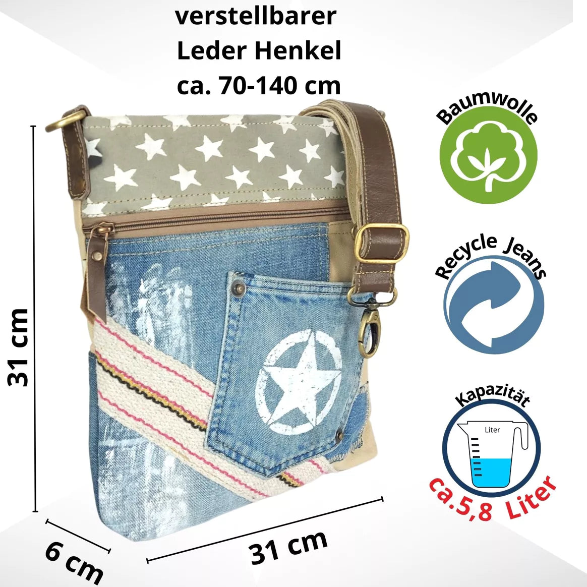 Sunsa Damen Umhängetasche aus recycelten Jeans & Canvas beige/blau