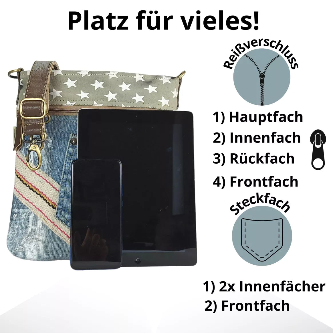 Sunsa Damen Umhängetasche aus recycelten Jeans & Canvas beige/blau