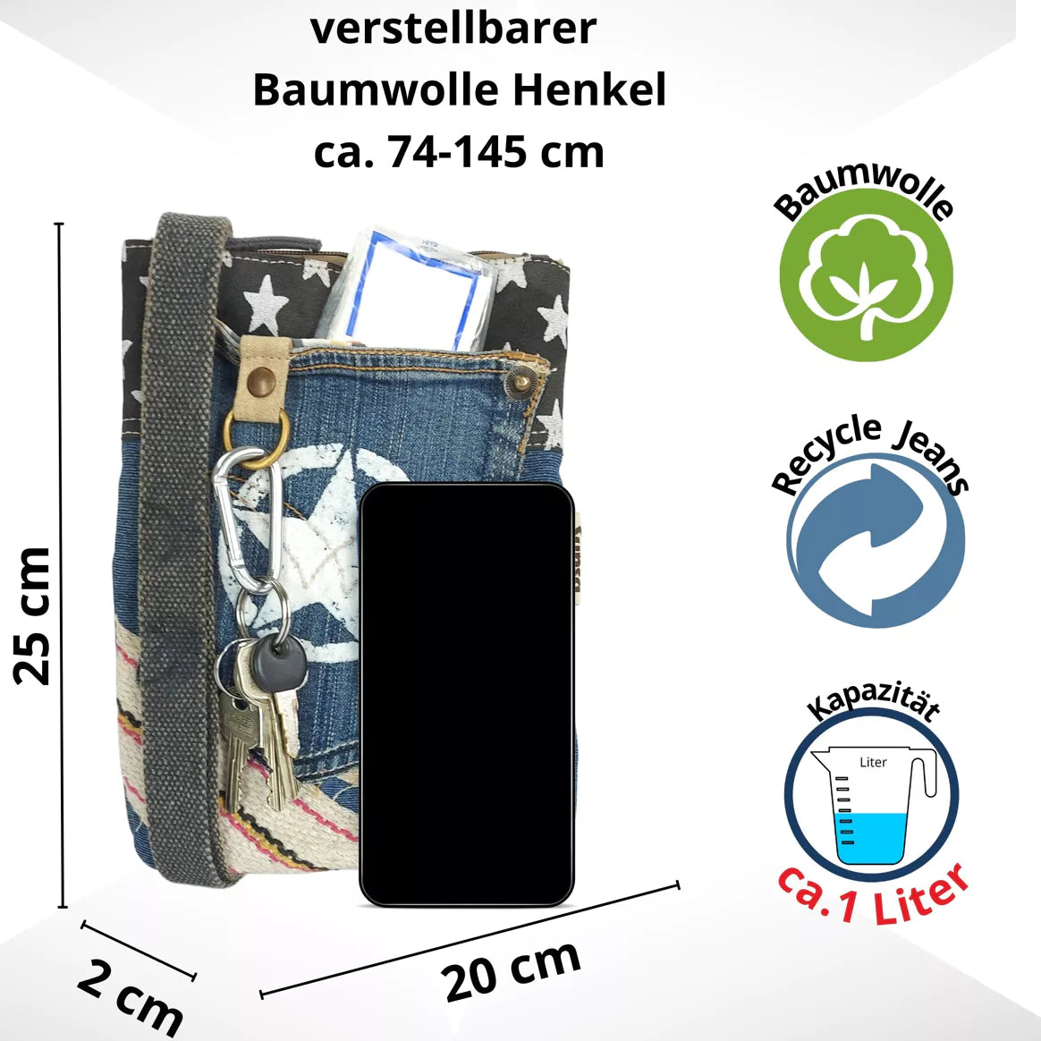 Sunsa Damen Umhängetasche aus recycelte Jeans und Canvas-Stern