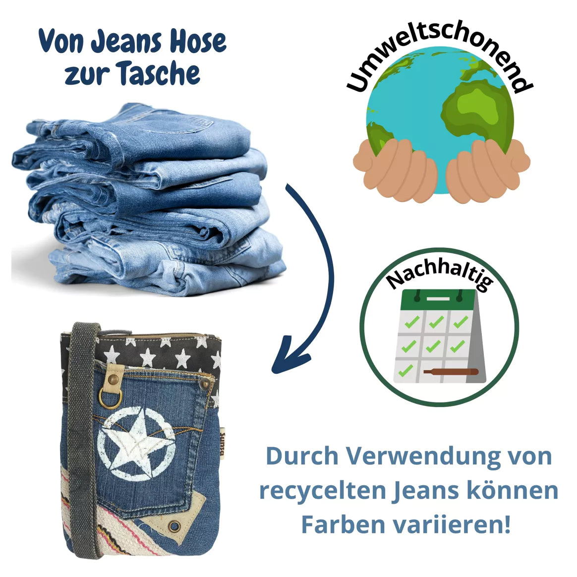 Sunsa Damen Umhängetasche aus recycelte Jeans und Canvas-Stern