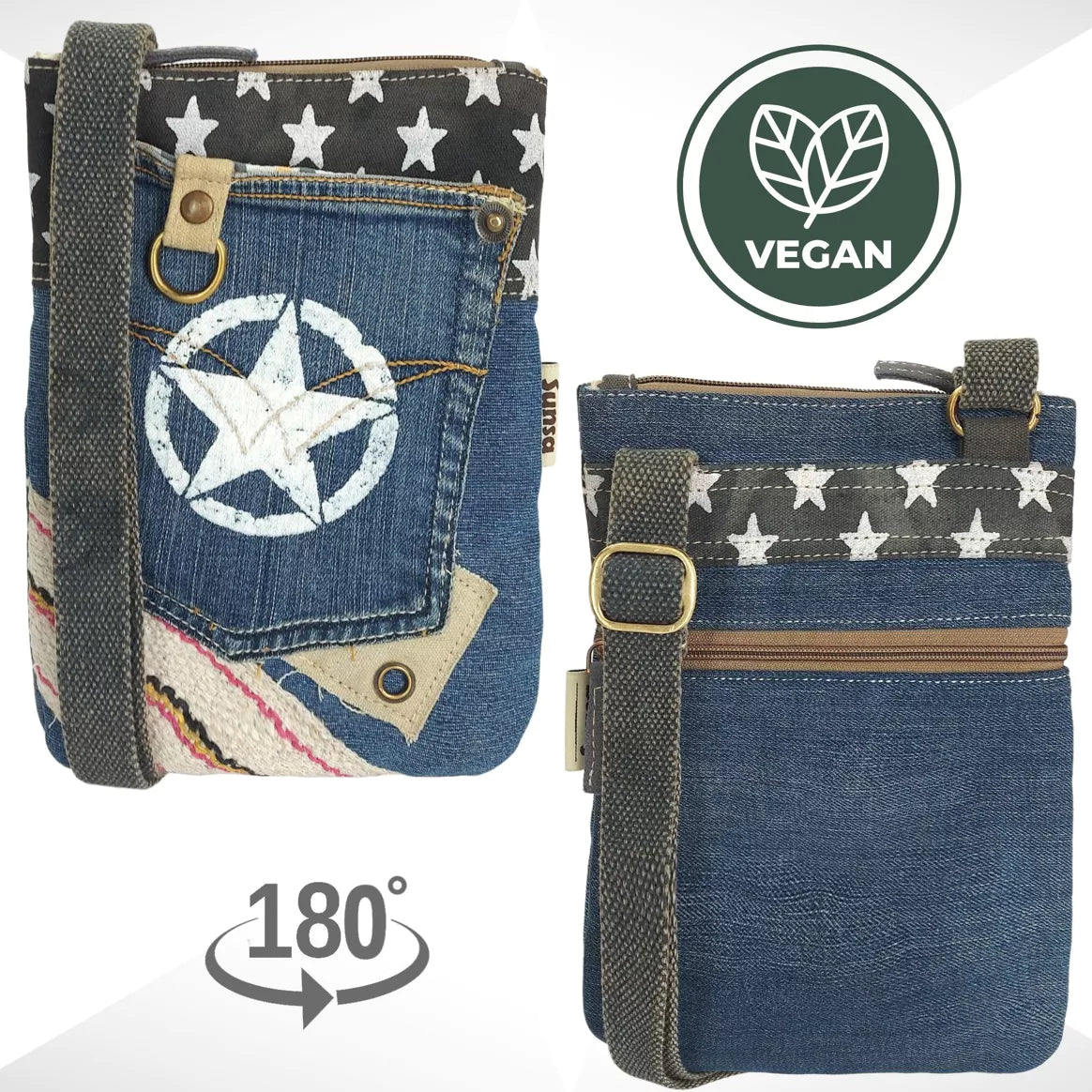 Sunsa Damen Umhängetasche aus recycelte Jeans und Canvas-Stern