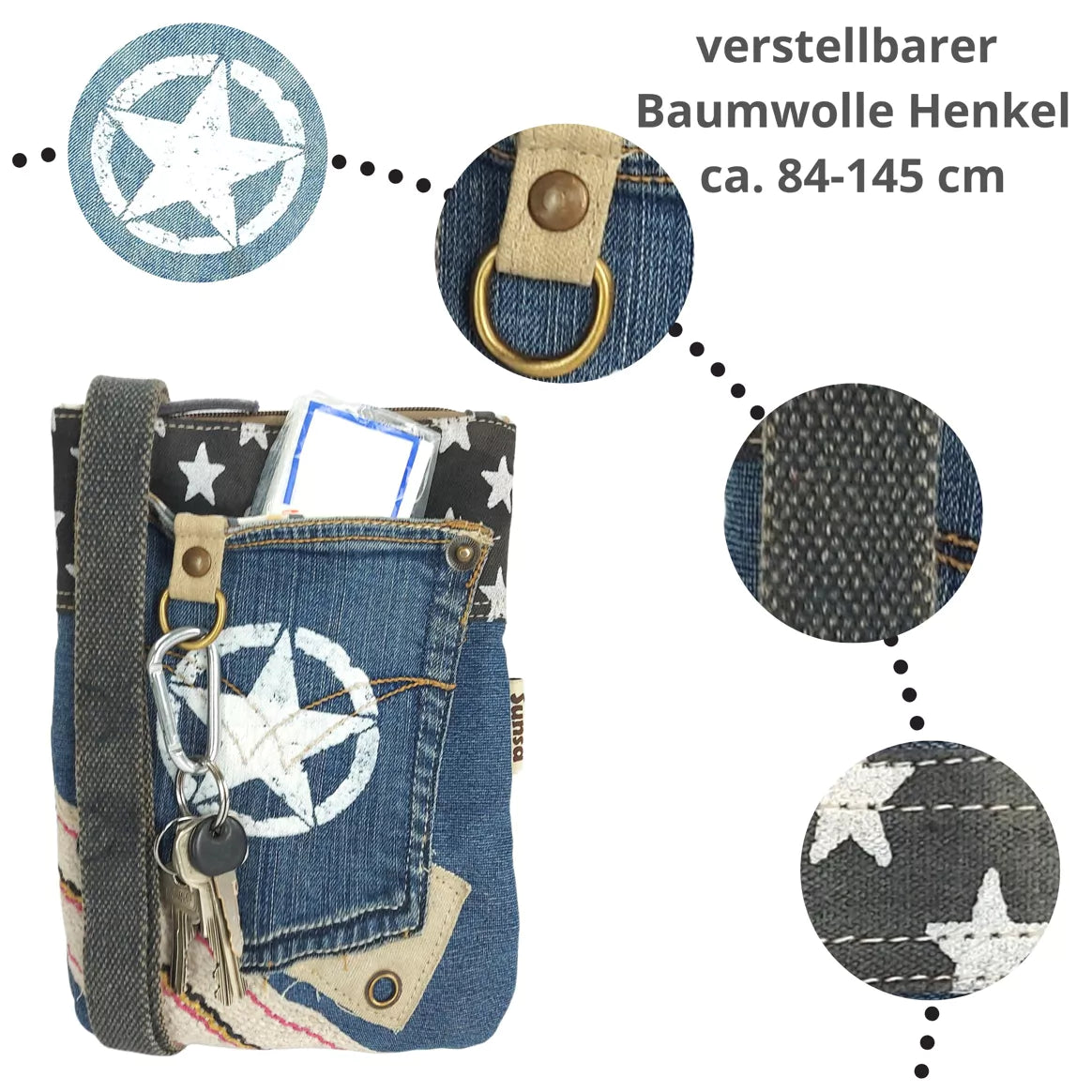 Sunsa Damen Umhängetasche aus recycelte Jeans und Canvas-Stern