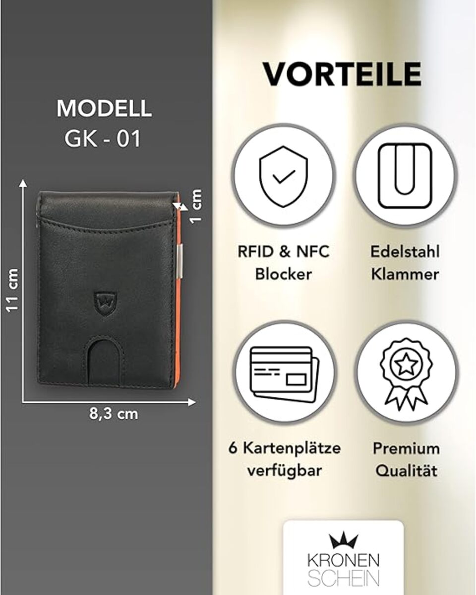 Kronenschein Slim Wallet mit Münzfach & RFID Schutz Schwarz-Orange