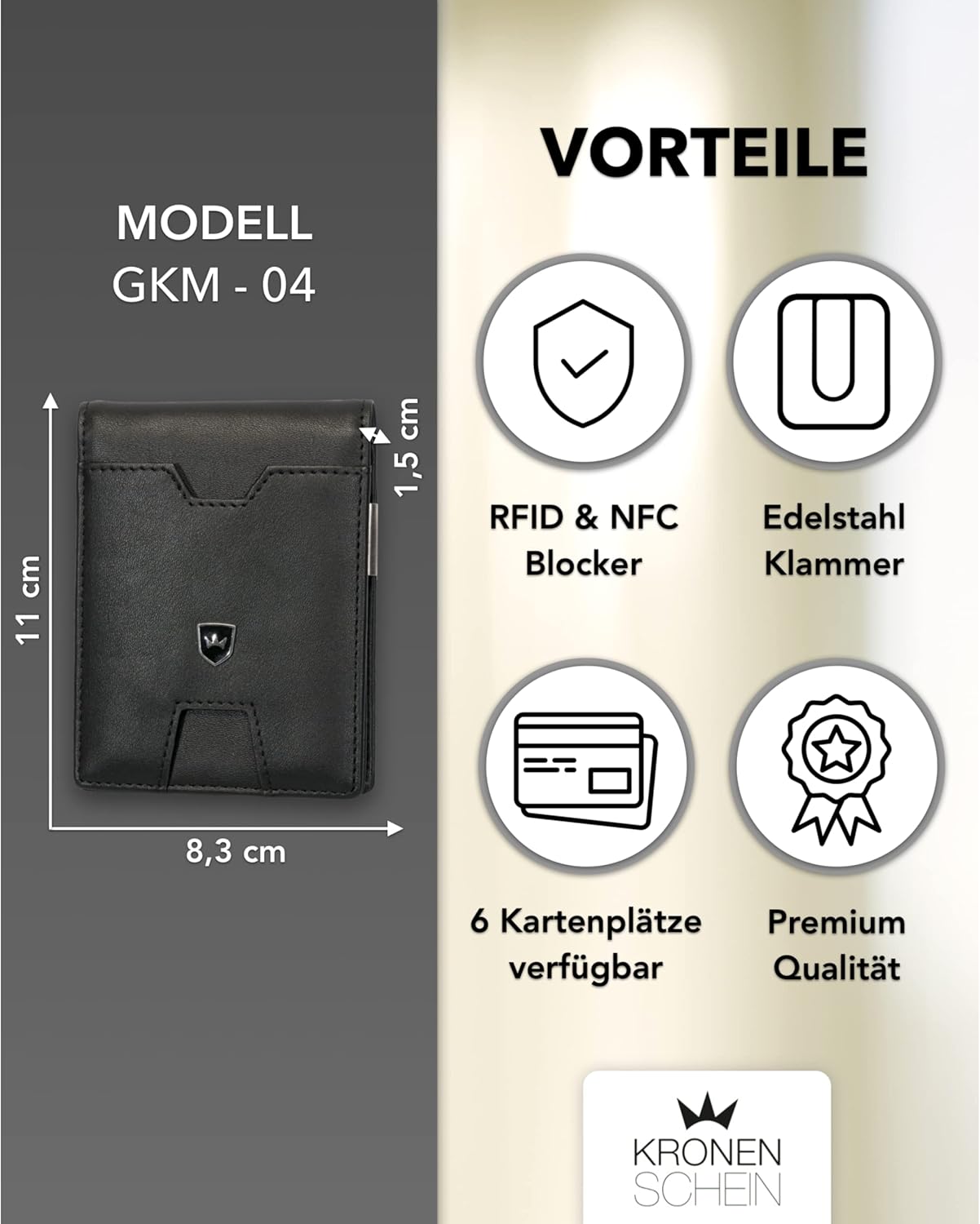Kronenschein Slim Wallet mit Münzfach & RFID Schutz Schwarz-Glatt