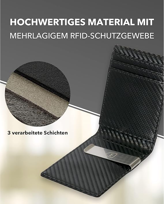 Kronenschein Slim Wallet Carbon RFID Schutz TÜV-geprüft – 6 Kartenfächer & Edelstahl Geldklammer