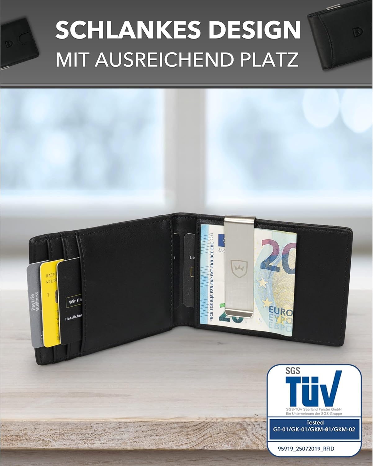 Kronenschein Slim Wallet mit RFID Schutz Schwarz-Glatt