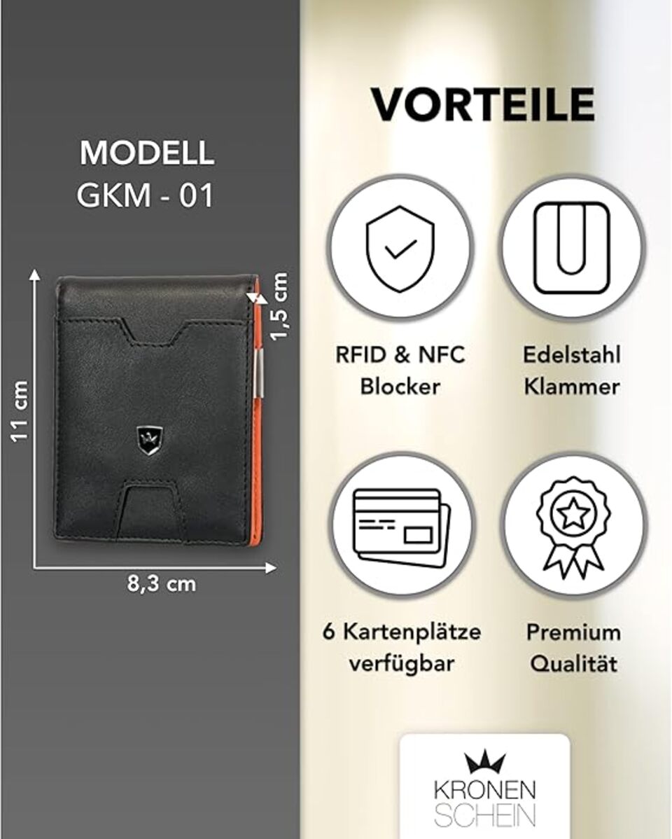 Kronenschein Slim Wallet mit Münzfach & RFID Schutz Schwarz-Orange