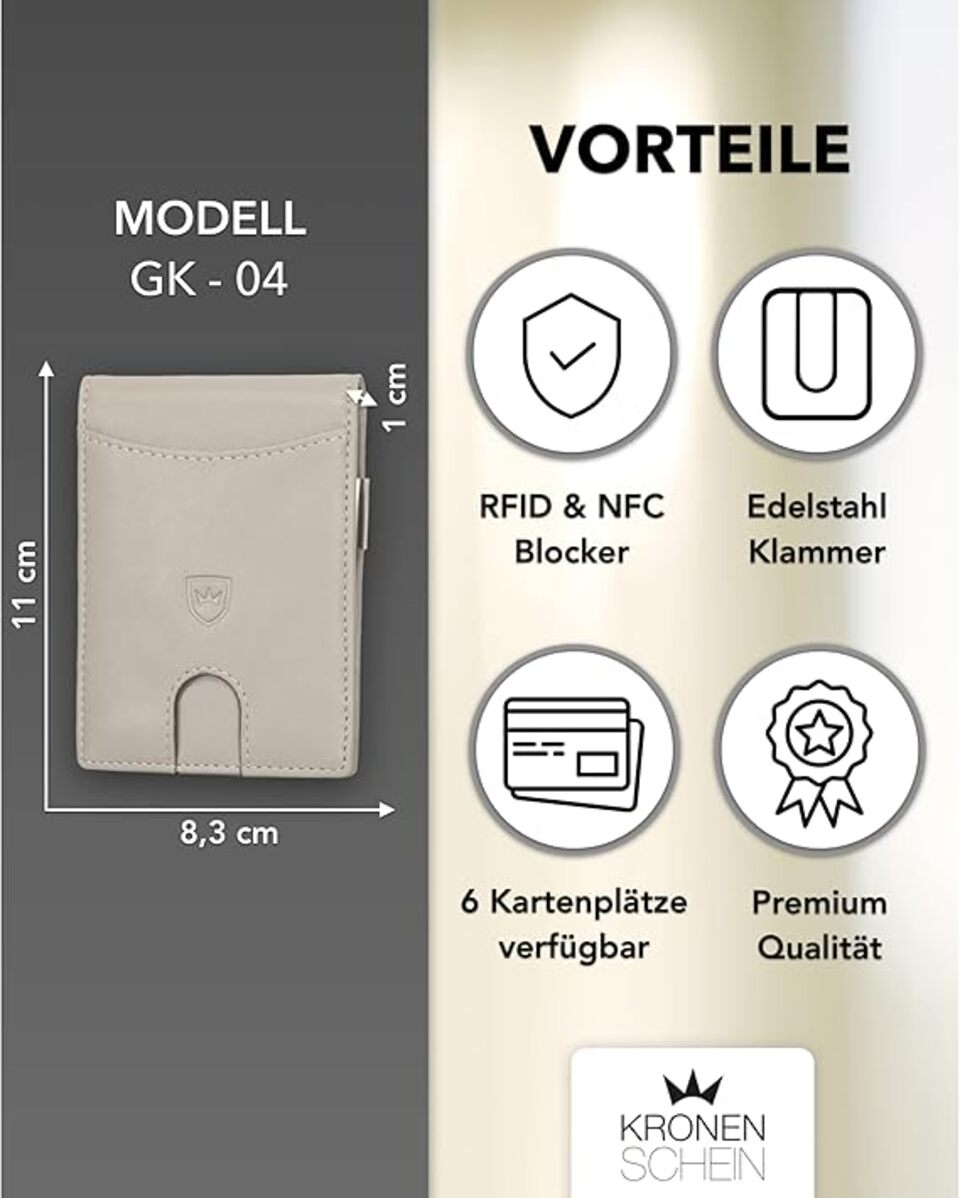 Kronenschein Slim Wallet mit Münzfach & RFID Schutz Grau