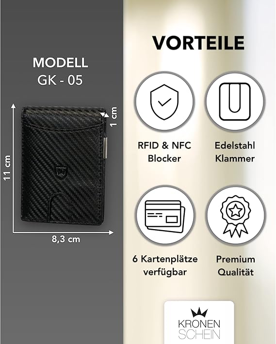 Kronenschein Slim Wallet Carbon RFID Schutz TÜV-geprüft – 6 Kartenfächer & Edelstahl Geldklammer