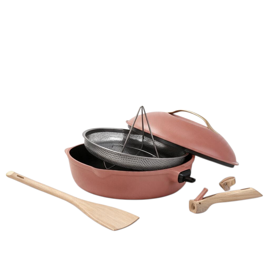 whb-superb COOKUT 8-in-1 Pfanne in Pivoine Rosa mit Dampfkorb, Deckel, Holzspatel und abnehmbaren Griffen