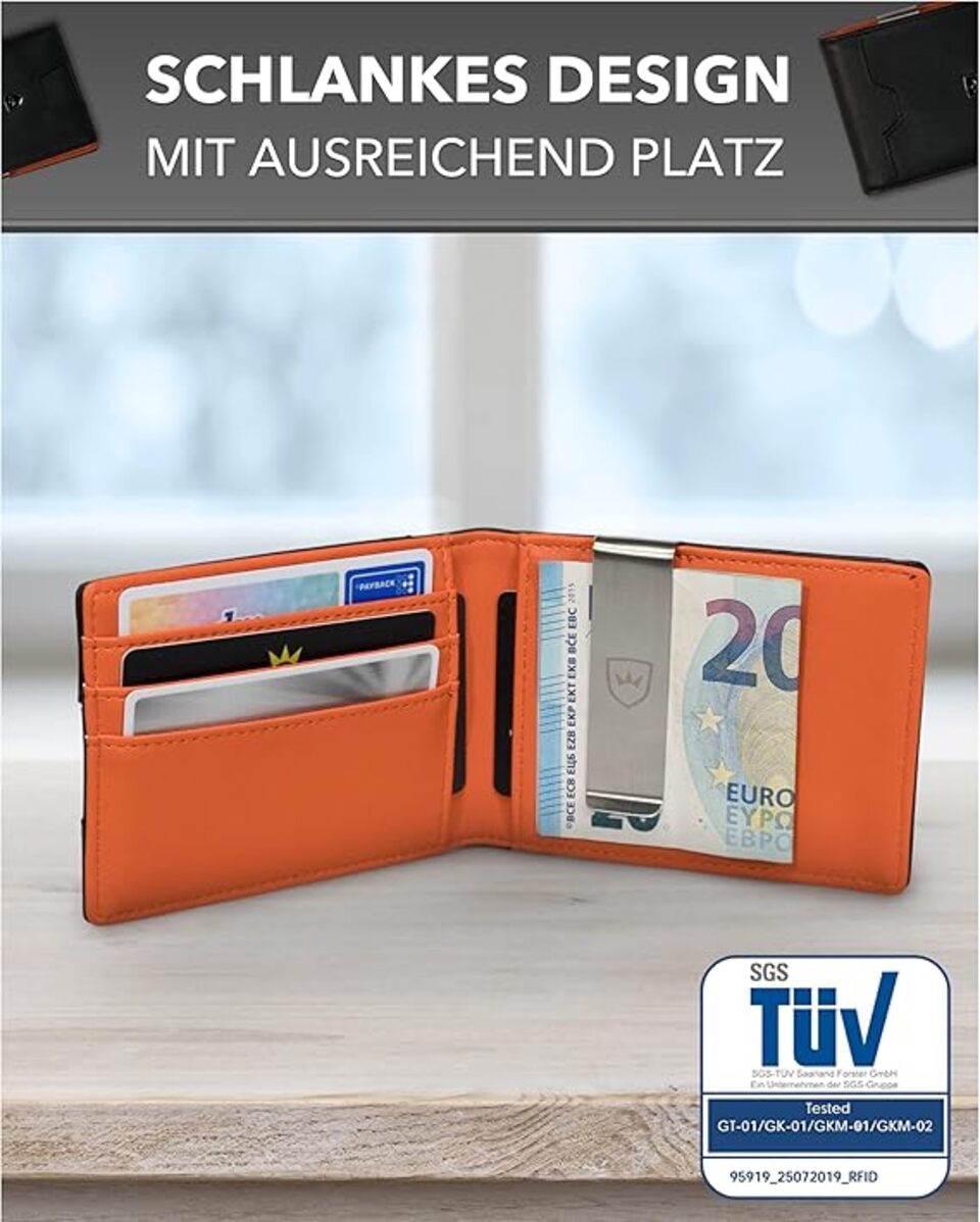 Kronenschein Slim Wallet mit Münzfach & RFID Schutz Schwarz-Orange