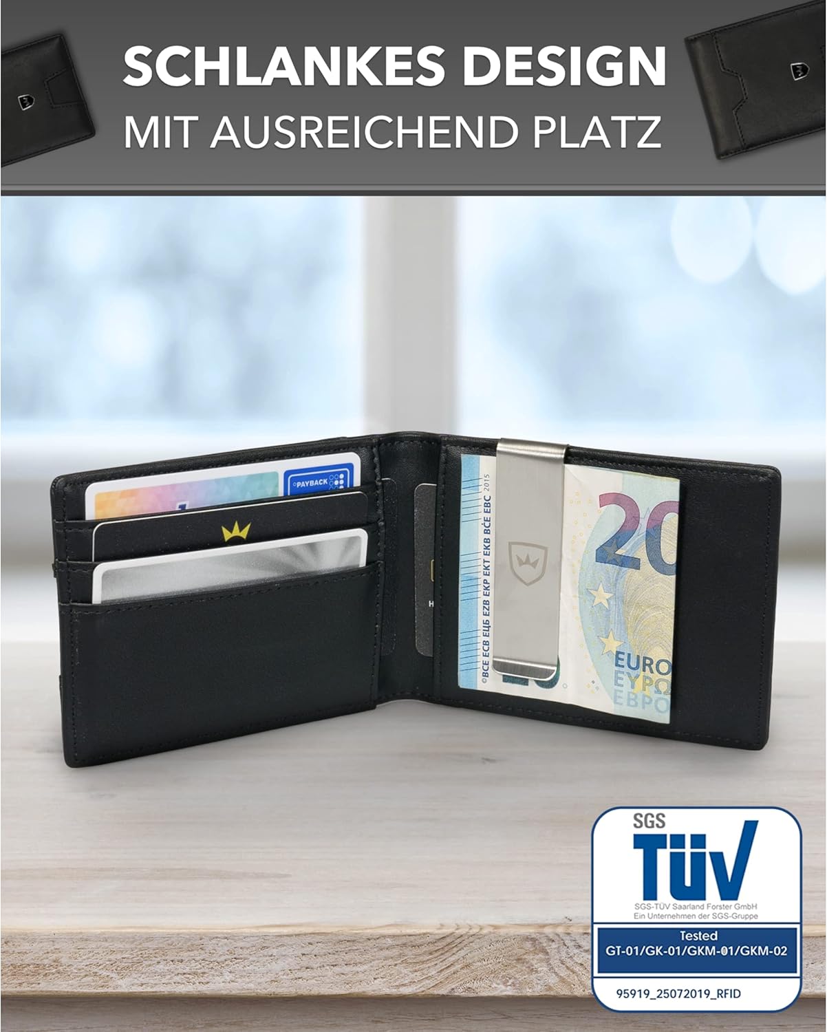 Kronenschein Slim Wallet mit Münzfach & RFID Schutz Schwarz-Glatt