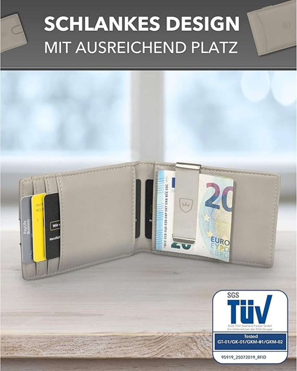 Kronenschein Slim Wallet mit Münzfach & RFID Schutz Grau