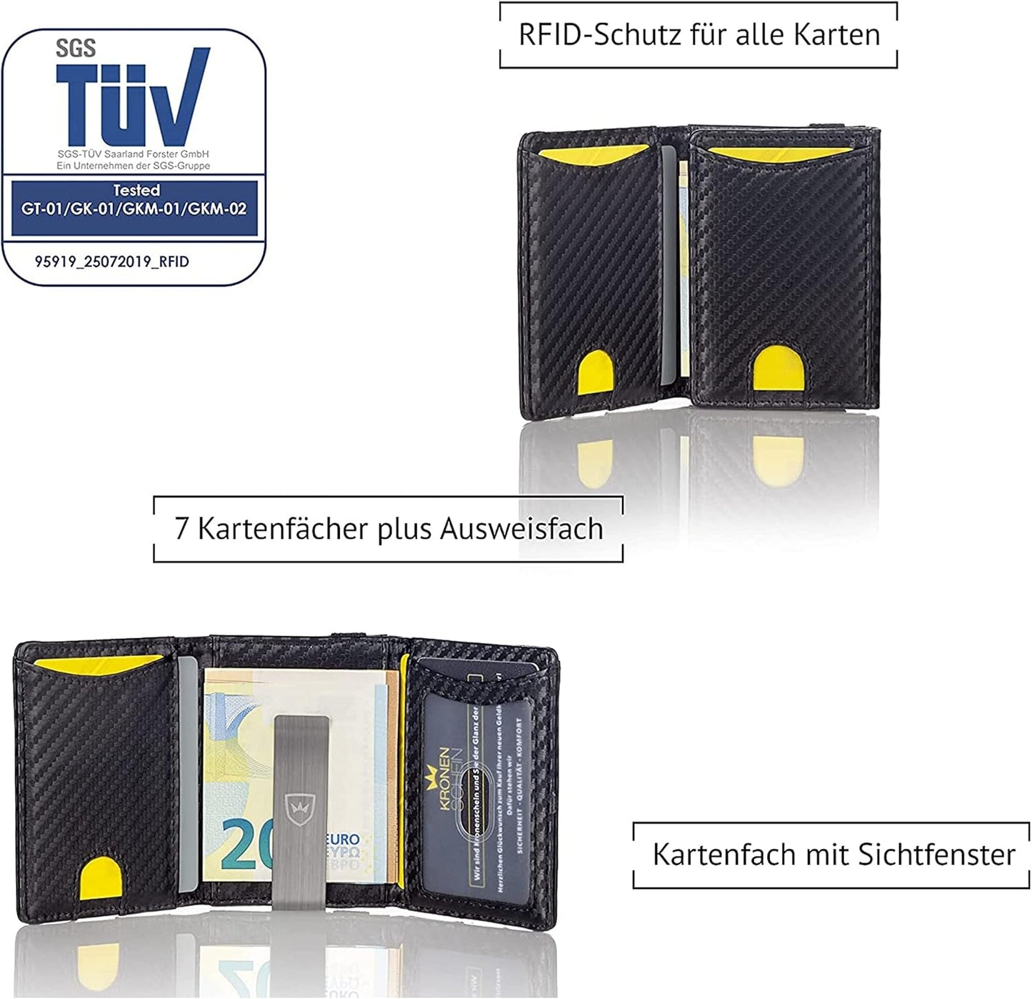 Kronenschein Geldbörse Carbon Slim Wallet – RFID Schutz, Münzfach, 6 Kartenfächer, Geldklammer