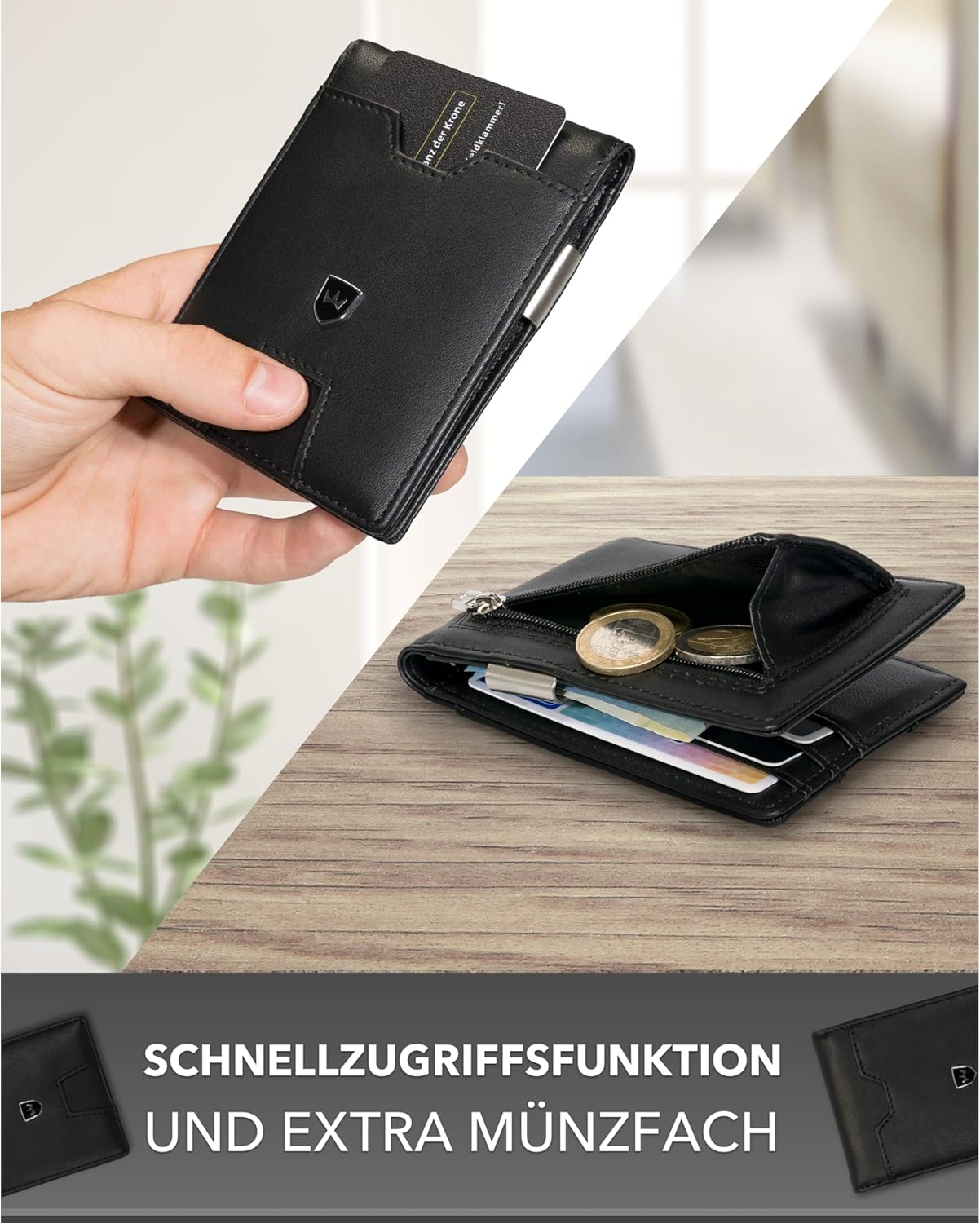 Kronenschein Slim Wallet mit Münzfach & RFID Schutz Schwarz-Glatt