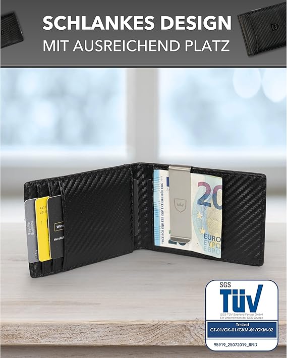 Kronenschein Slim Wallet Carbon RFID Schutz TÜV-geprüft – 6 Kartenfächer & Edelstahl Geldklammer