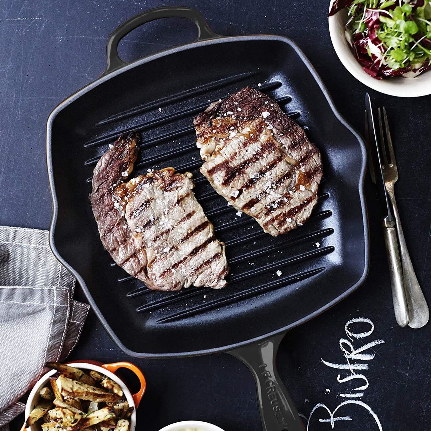Le Creuset Gusseisen Grillpfanne quadratisch 26 cm schwarz matt – Signature, Induktion, alle Herdarten