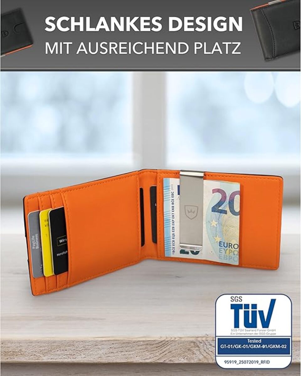 Kronenschein Slim Wallet mit Münzfach & RFID Schutz Schwarz-Orange