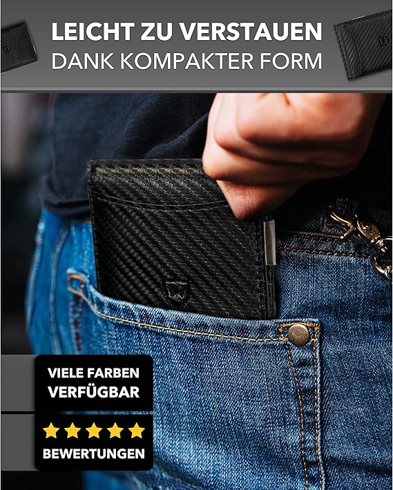 Kronenschein Slim Wallet Carbon RFID Schutz TÜV-geprüft – 6 Kartenfächer & Edelstahl Geldklammer