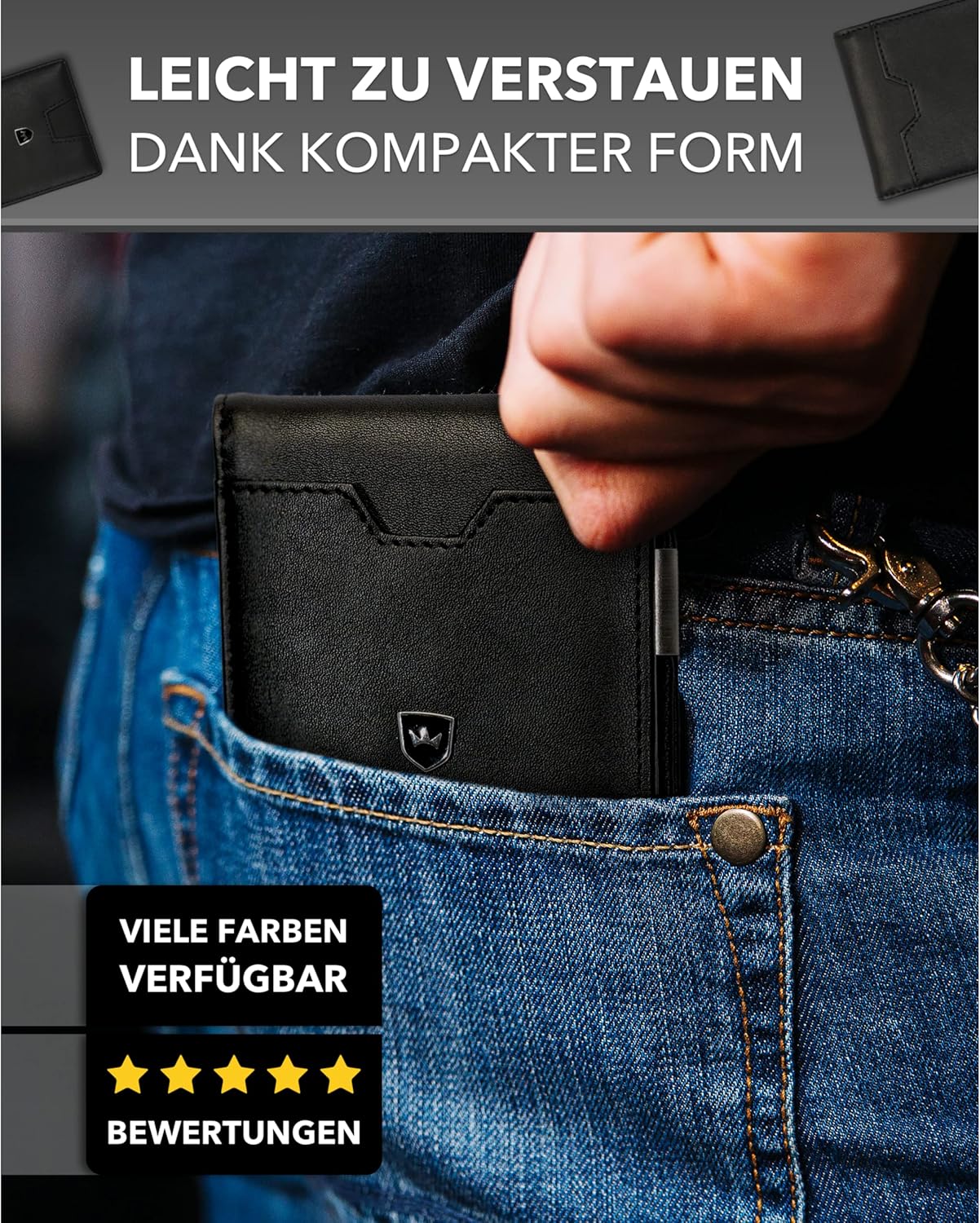 Kronenschein Slim Wallet mit Münzfach & RFID Schutz Schwarz-Glatt