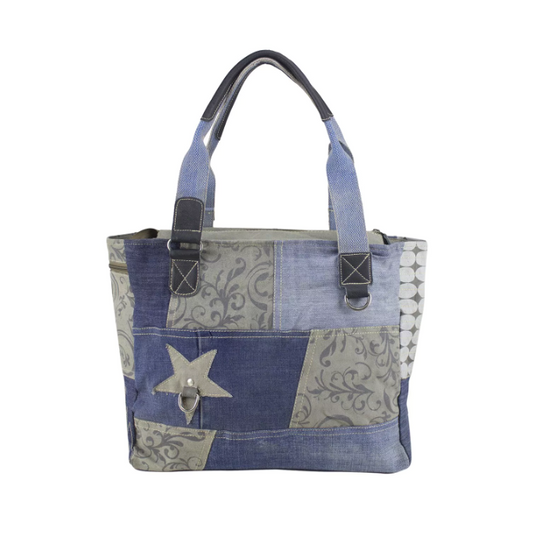 Sunsa Damen Handtasche Shopper Patchwork Design blau/grau