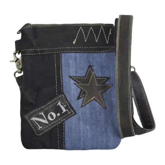 Sunsa Umhängetasche aus recycelter Jeans & Canvas blau/schwarz