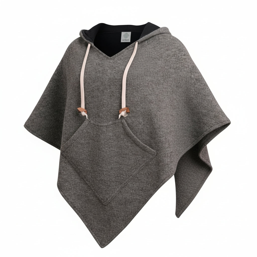 virblatt Wollponcho Grau mit Kapuze & Fleece – Damen Herren Outdoor Winter Poncho Abajo XXL