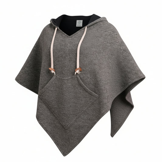 virblatt Wollponcho Grau mit Kapuze & Fleece – Damen Herren Outdoor Winter Poncho Abajo XXL