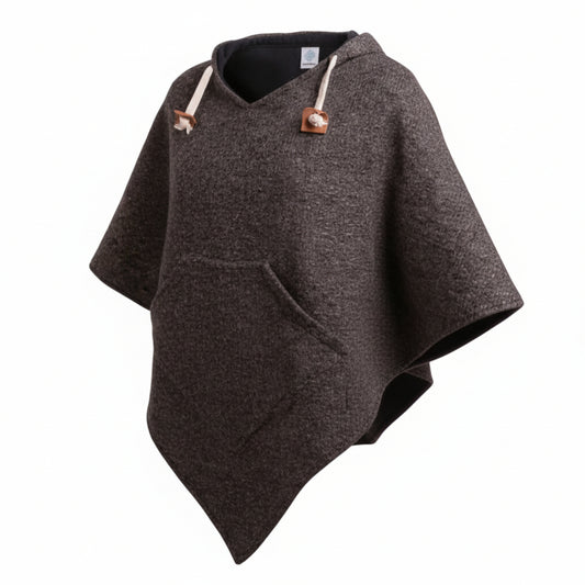 virblatt L/XL Poncho Abajo – Wollponcho mit Fleece & Kapuze, braun