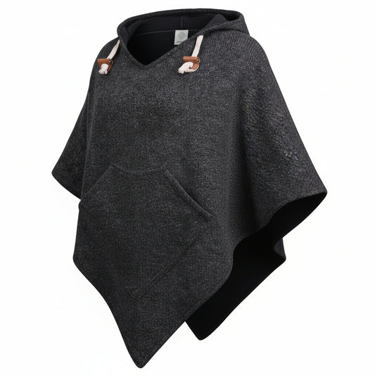 virblatt Wollponcho Damen schwarz mit Kapuze & Fleece-Innenseite – Schafswolle – Größe S/M