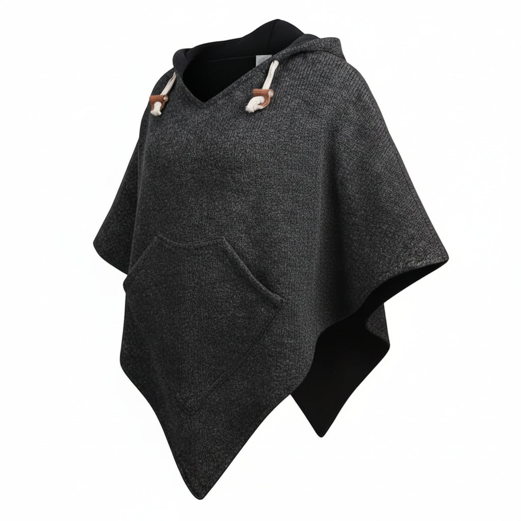 virblatt Wollponcho Herren Damen Schwarz mit Kapuze & Fleece – XXL Poncho Outdoor Winter Camping