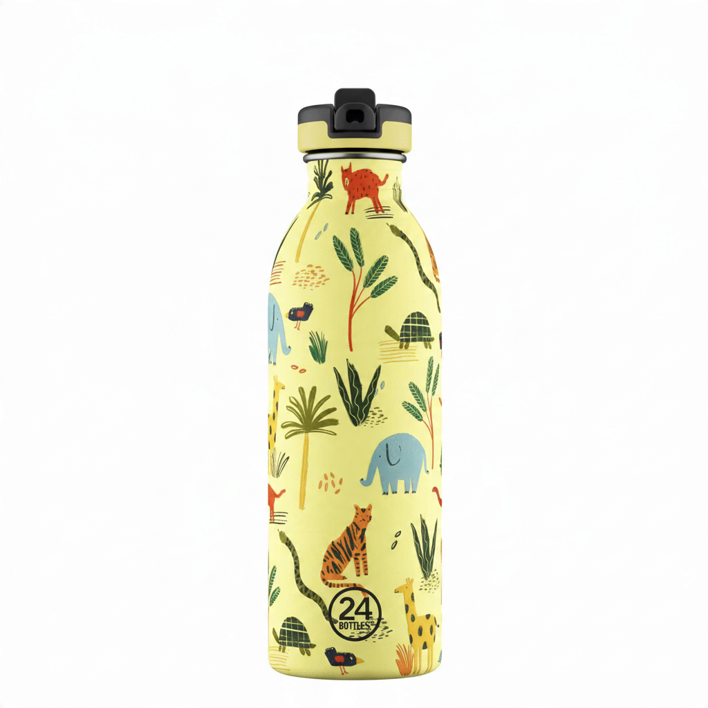 whb-superb 24Bottles Kids Trinkflasche 500 ml aus Edelstahl mit buntem Jungle Friends Tiermotiv auf gelbem Grund
