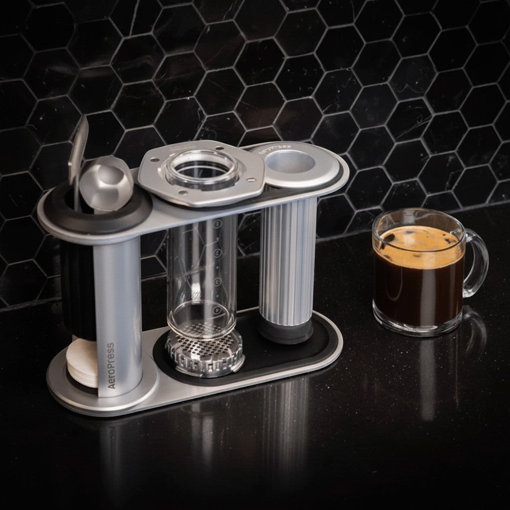 whb-superb AeroPress Premium Kaffeepresse aus Glas und Edelstahl mit Zubehör und einer Tasse Kaffee auf schwarzer Theke