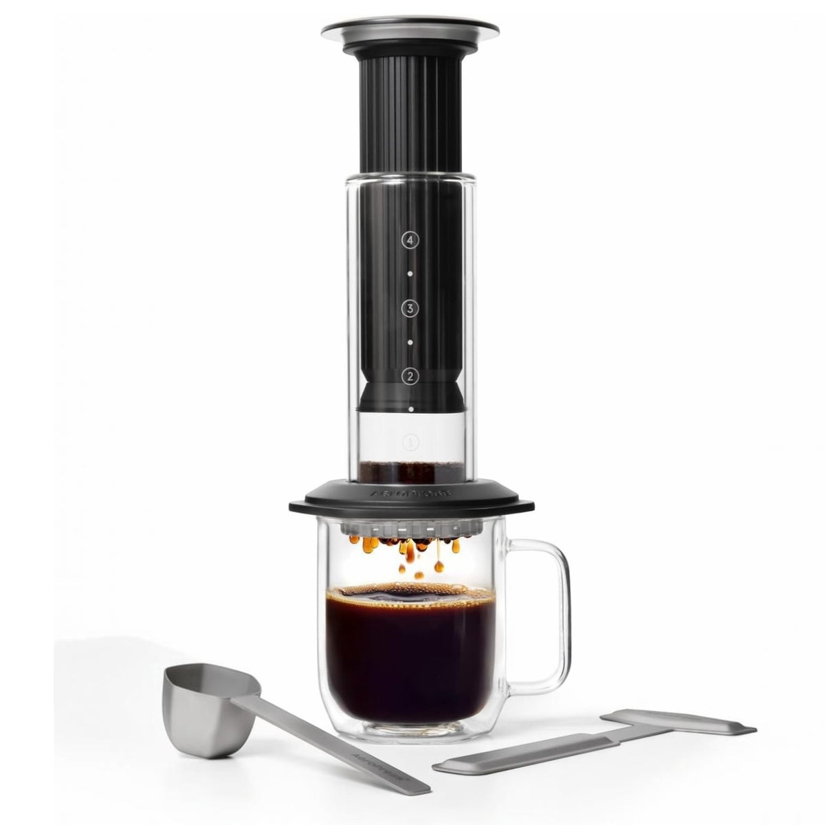 whb-superb AeroPress Premium Kaffeepresse aus Borosilikatglas und Edelstahl in Schwarz mit Zubehör