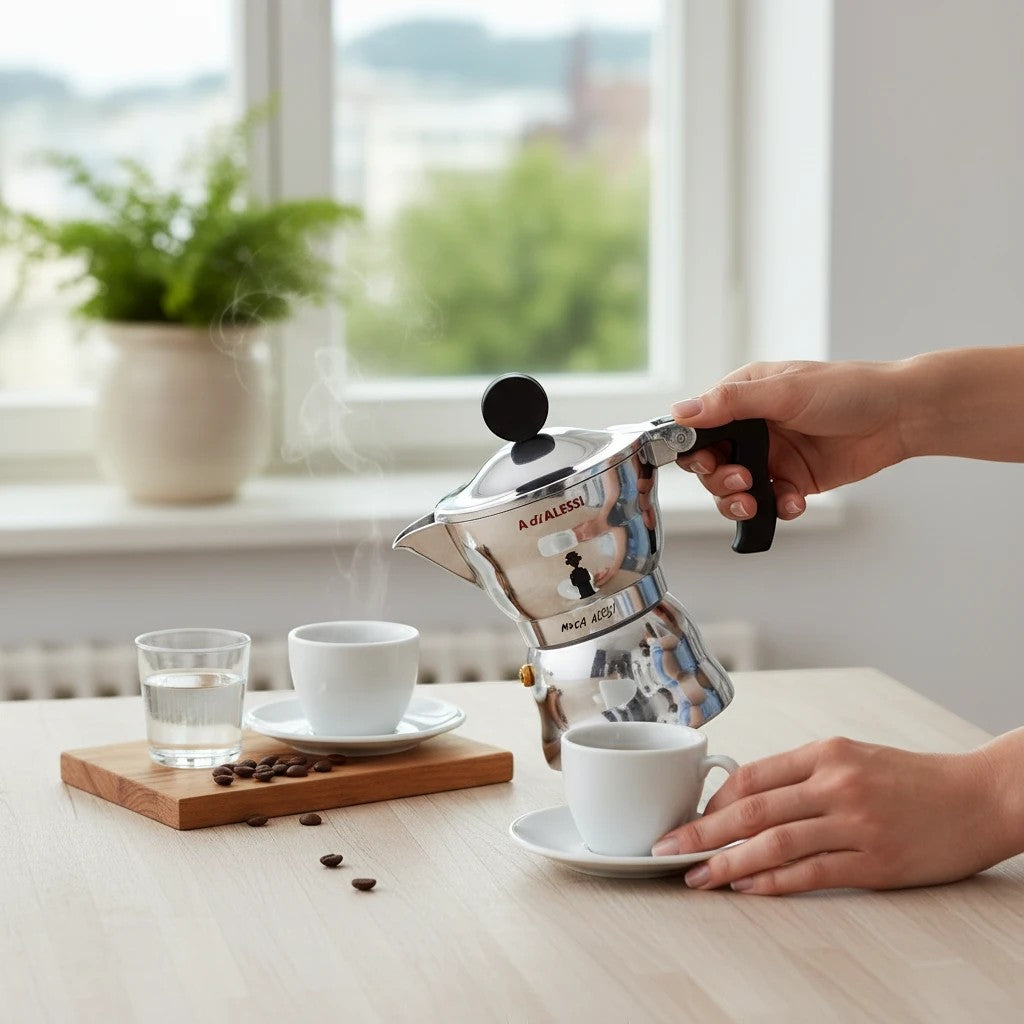 whb-superb Alessi Espressokocher aus Aluminium in Silber beim Eingießen von Kaffee in eine Tasse auf einem Holztisch