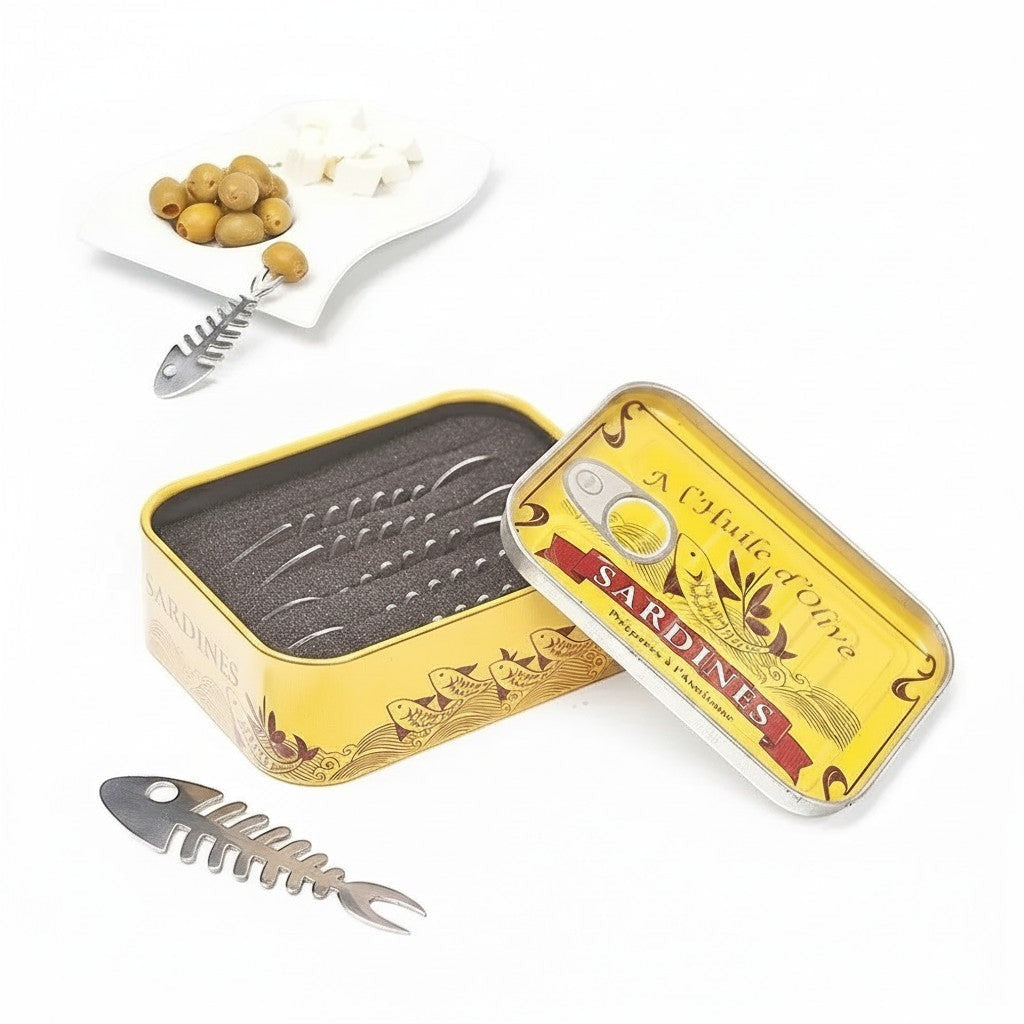 whb-superb Balvi Aperitif-Gabeln aus Edelstahl in Fischgrätenform mit dekorativer Sardinendose im Retrodesign