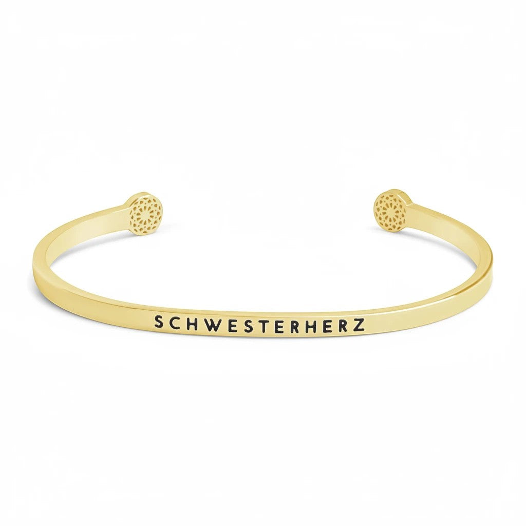 Vergoldeter whb-superb Armreif mit Gravur Schwesterherz aus Edelstahl, verstellbar und elegant.