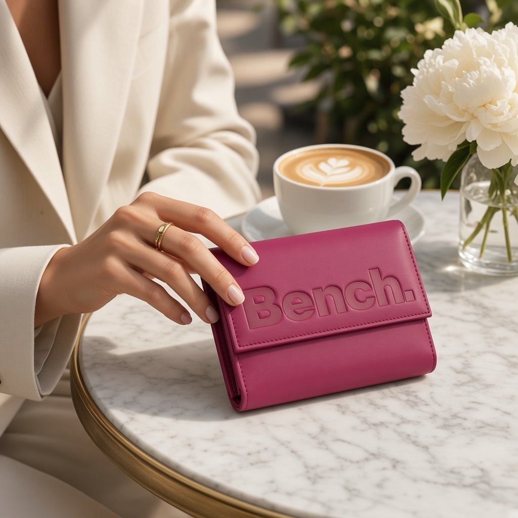 whb-superb Bench Damen Geldbörse aus magenta Leder mit geprägtem Logo auf einem Marmortisch neben einer Kaffeetasse