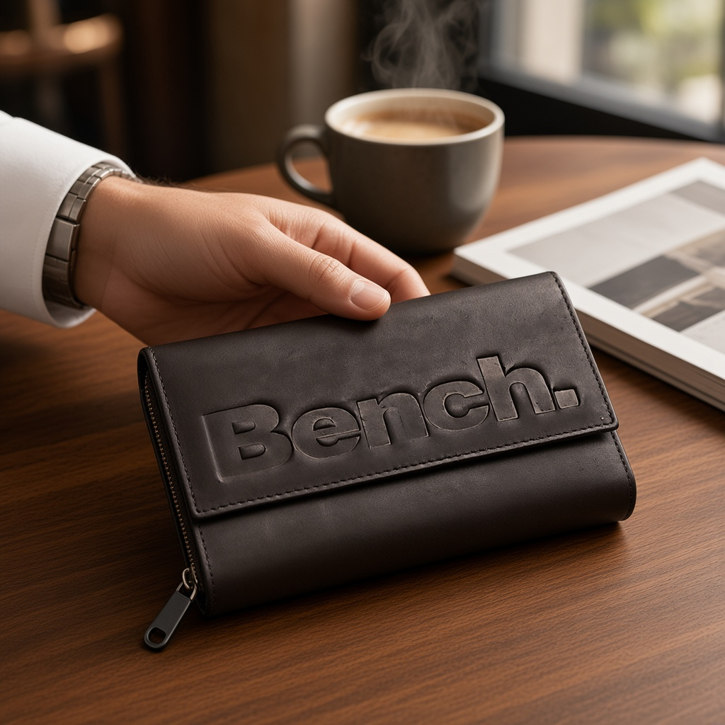 Schwarze Bench Wonder Geldbörse aus Leder mit großem Logo-Prägedruck auf einem Holztisch neben einer Kaffeetasse