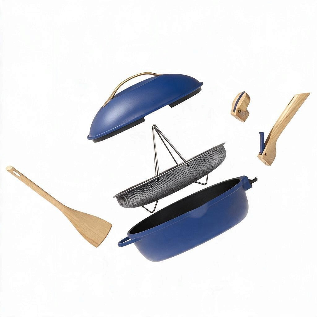 whb-superb COOKUT 8-in-1-Pfanne in Saphirblau mit abnehmbaren Griffen, Dampfkorb, Deckel und Holzlöffel